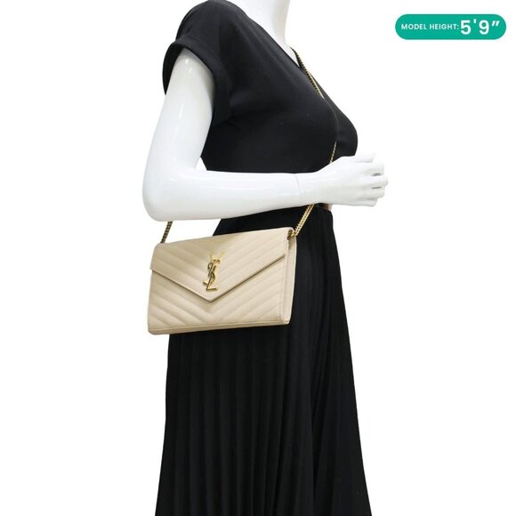 YVES SAINT LAURENT  Envelope Grain De Poudre Chevron Leather Wallet On Chain Bei - Picture 2 of 12